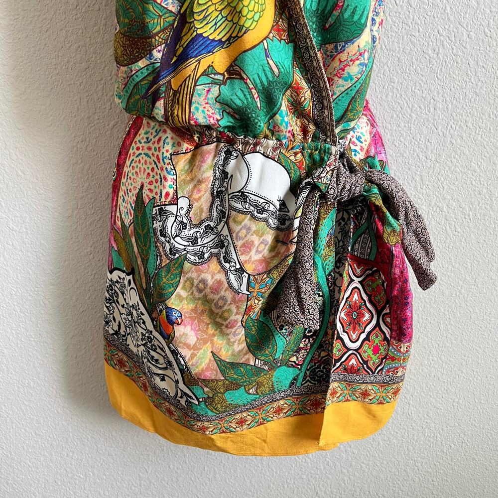 Farm Rio Gayatri Halter Mini Wrap Dress Women's XS Bird Bright Statement Art - Picture 5 of 11